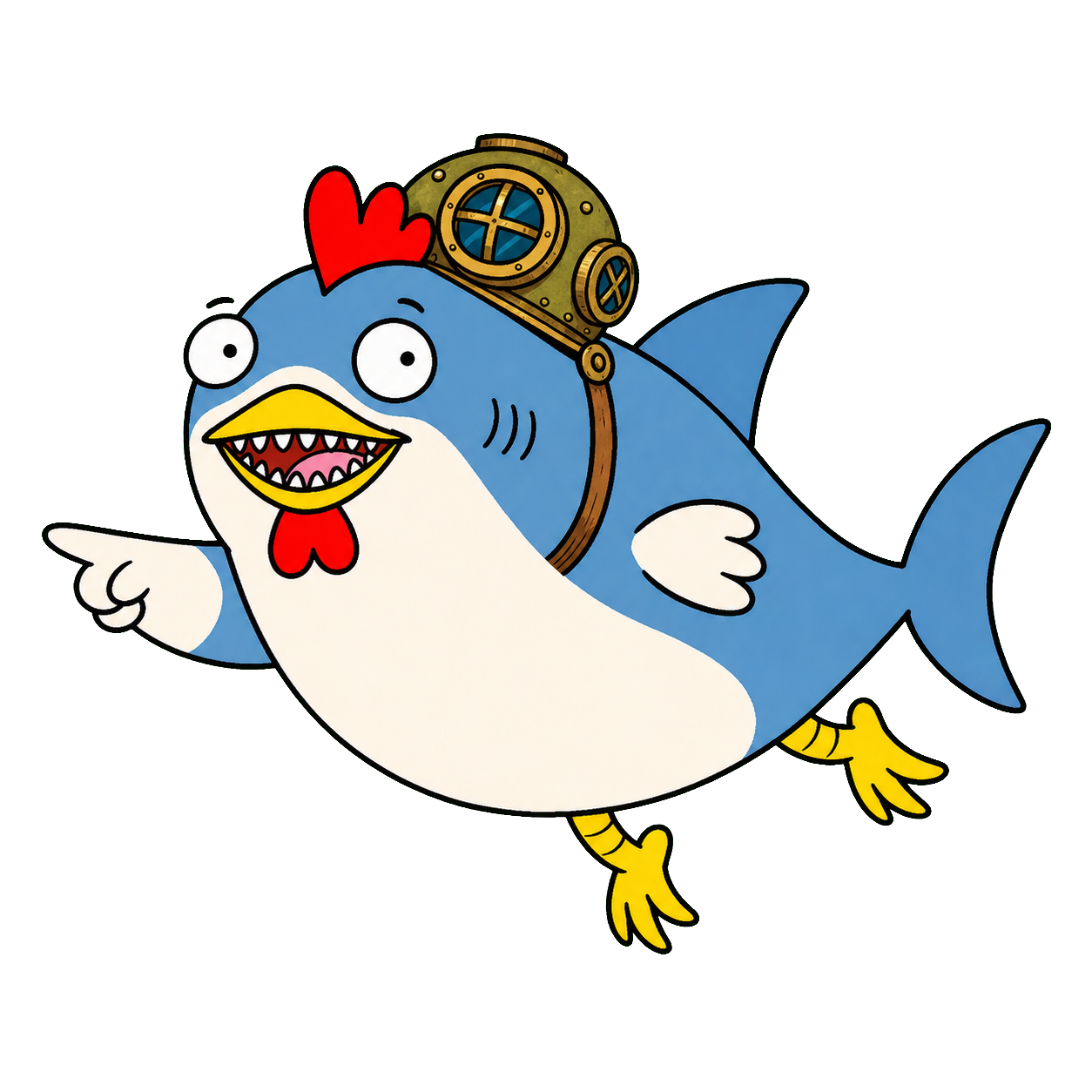 Cluckshark swimming in a small diving helmet