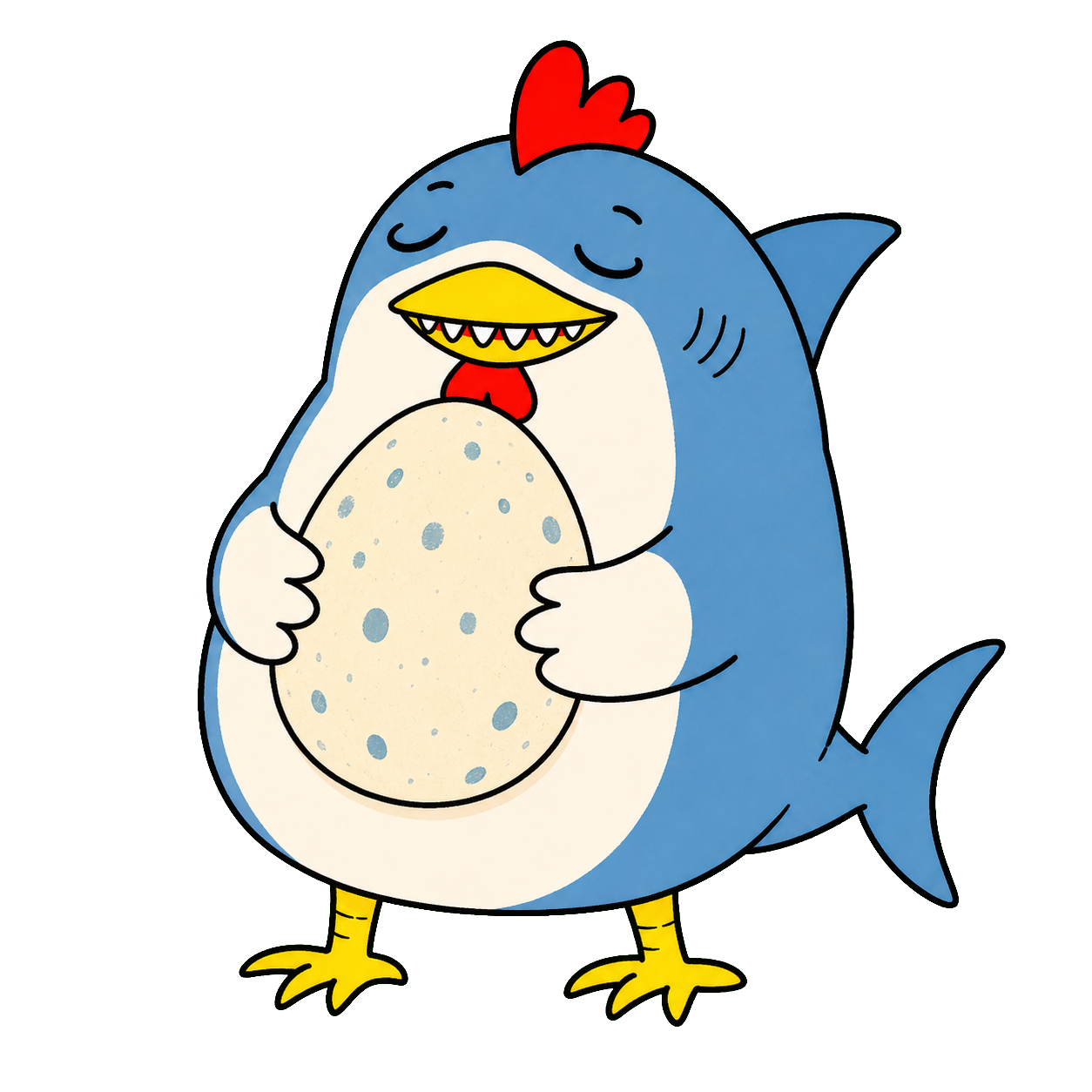 Cluckshark happily guarding a large speckled egg